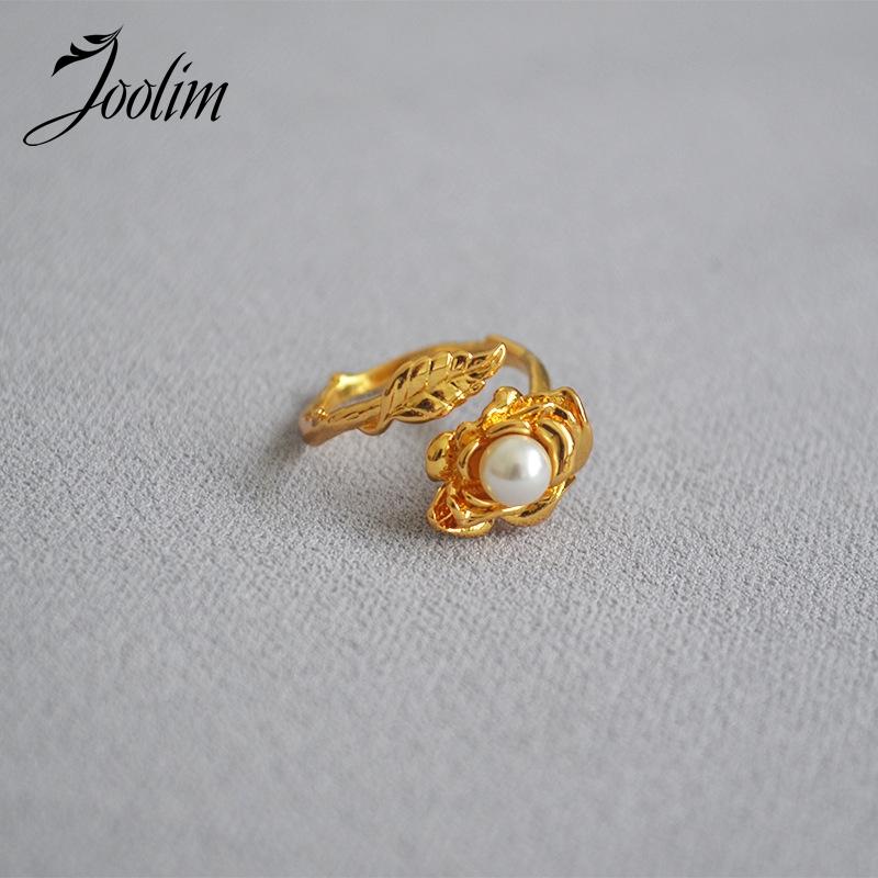

JOOLIM High End Gold Filled Resizable Flower Rings for Women Brass Simulated Pearl Ring