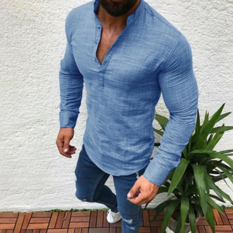 

Fashion Men Linen Soft Long Sleeve Shirts Stand-Neck Slim Fit Summer Beach Casual Tops Blouse Pure Color Clothing, Black