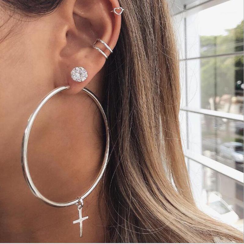

Korean Fashion Jewelry Minimalist Silver Color Big Hoop Earrings With Cross Pendant Women's Vintage Cross Charm Hoops Earring1