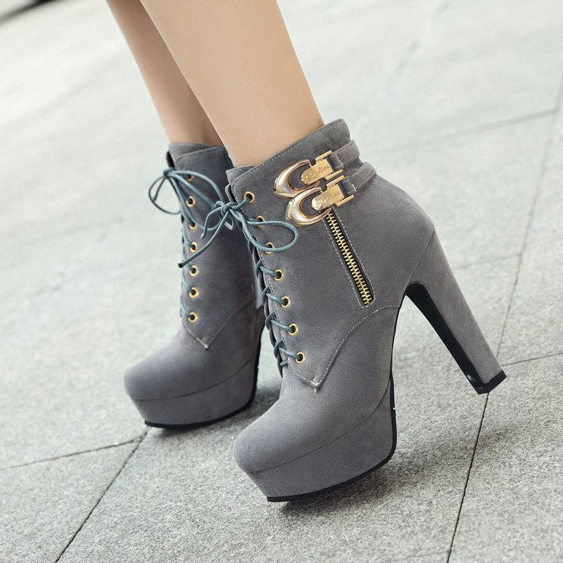 

Women Boots Flock Platform High Heels Ankle Boots Side Zipper Autumn Winter Fashion Woman Shoes 2021 Yellow Black Gray