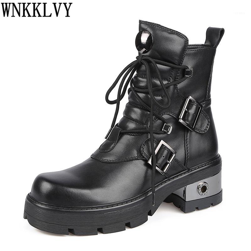 

Chunky heels Thick sole boots women round toe metal decor belt buckle lace up ankle botas 2020 female motorcycle boots1, Black