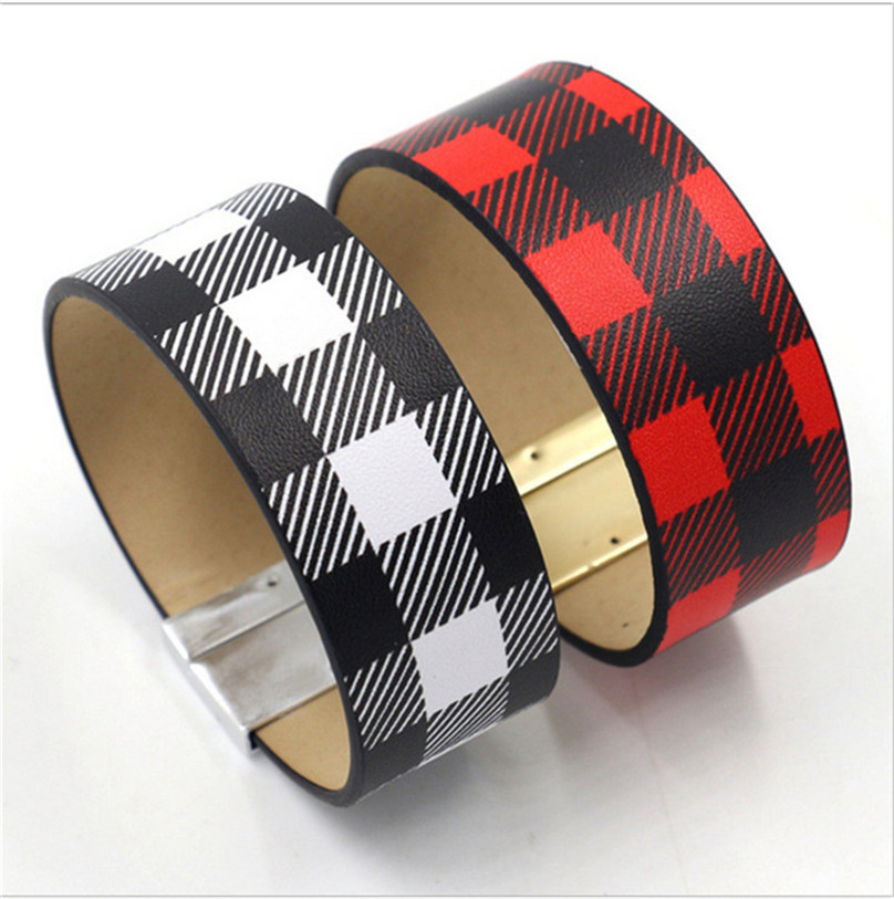 

Buffalo Plaid PU Leather Bracelet Women's Black Red Checkered Wrist Band Girls Black White Plaids DIY Retro Wristlet Wide Bangle E120701