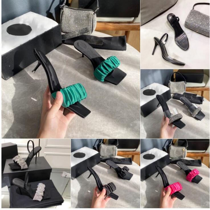 

Nova Sandal Outdoor Shoes Designer Luxury Women pvc Strap Julie Crystal Scrunchie Slide Heel Sling Back Heel in Satin Jessie Sandals Party Dinner Sexy Bump, Color 1