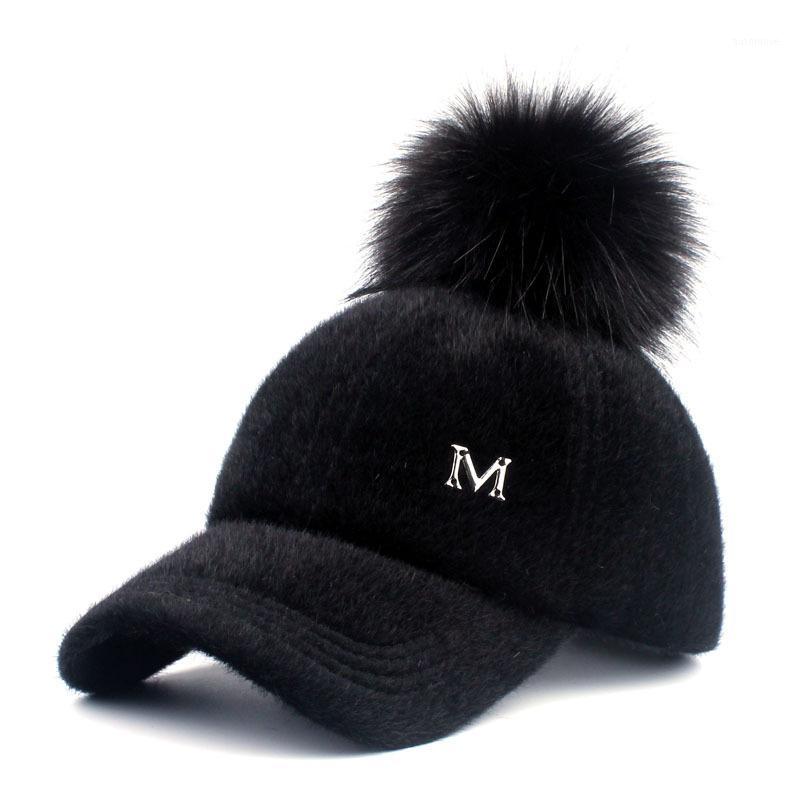

Baseball Cap Letter M Big Pom Pom Hat Women Autumn Winter Hat Fashion Thick Warm Ladies Hat1, 2-covered button