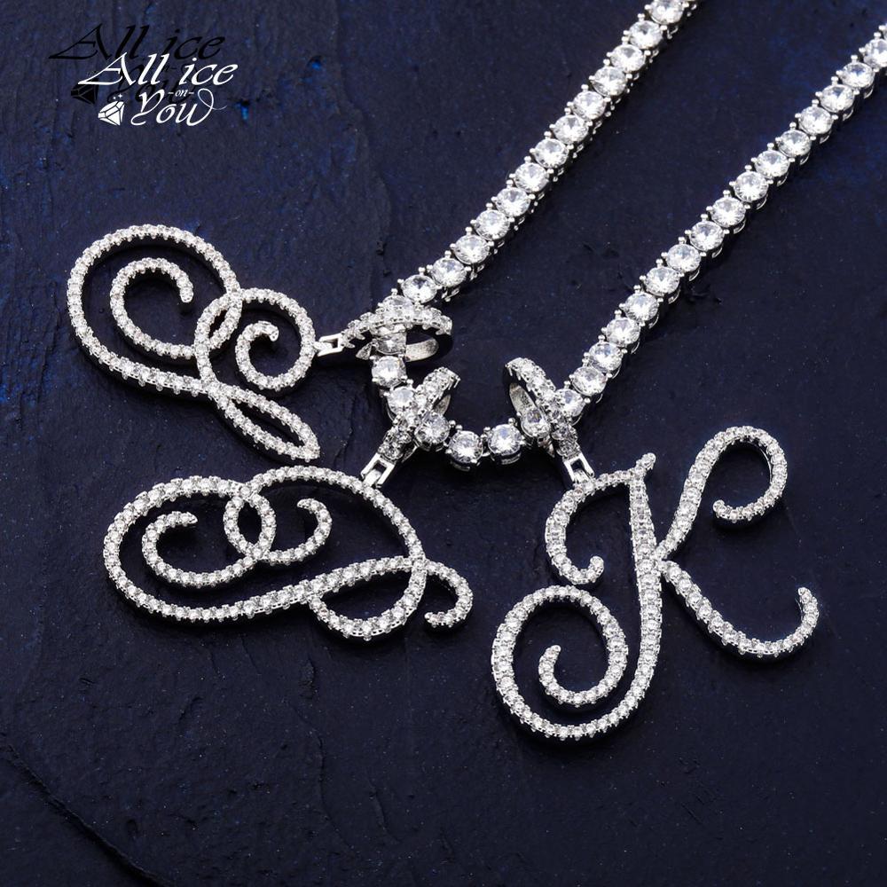 

ALLICEONYOU A-Z Cursive Letters Name Pendant&Necklace Iced Out Cubic Zircon Charm Hip Hop Jewelry For Gift With 4mm Tennis Chain 0927
