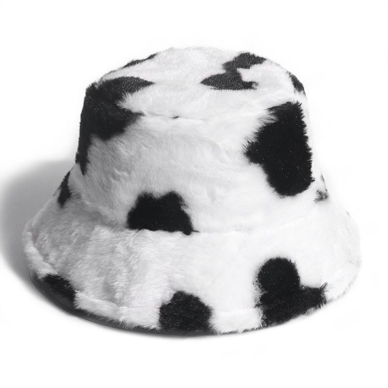 

Fashion Faux Fur Cow Print Bucket Hats Women Winter Panama Fisherman Caps, As shown