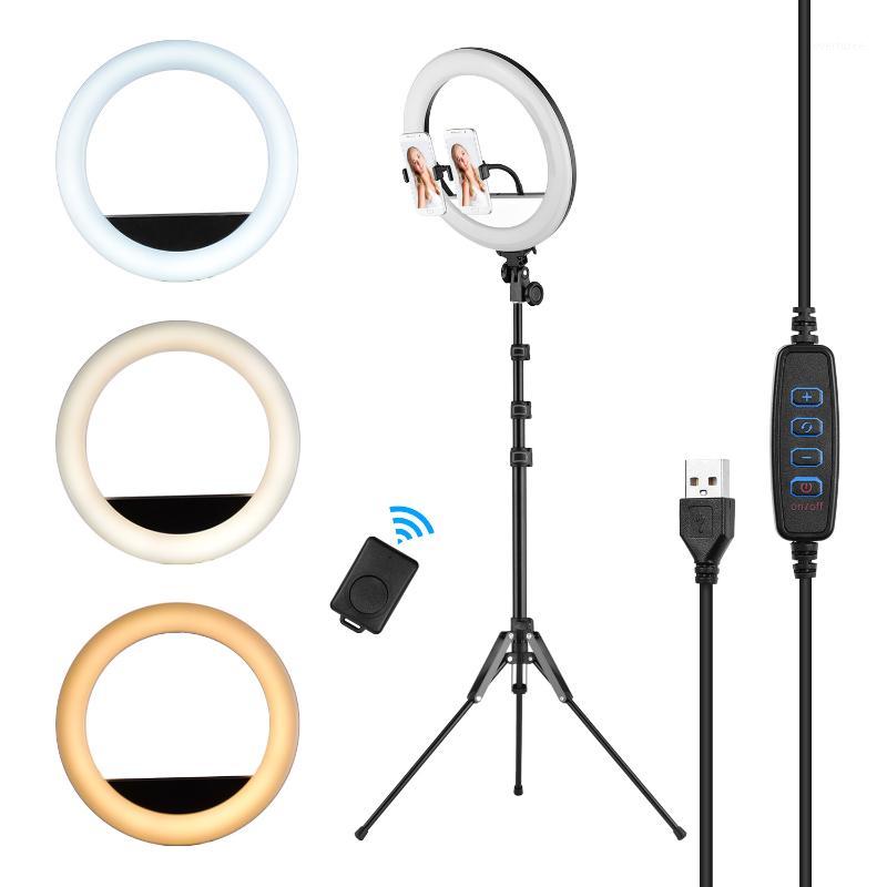 

Video LED Ring Light 13W 3 Colors Dimmable 10-level Brightness CRI90 with Tripod Dual Phone Holders Remote Shutter Ring Light1