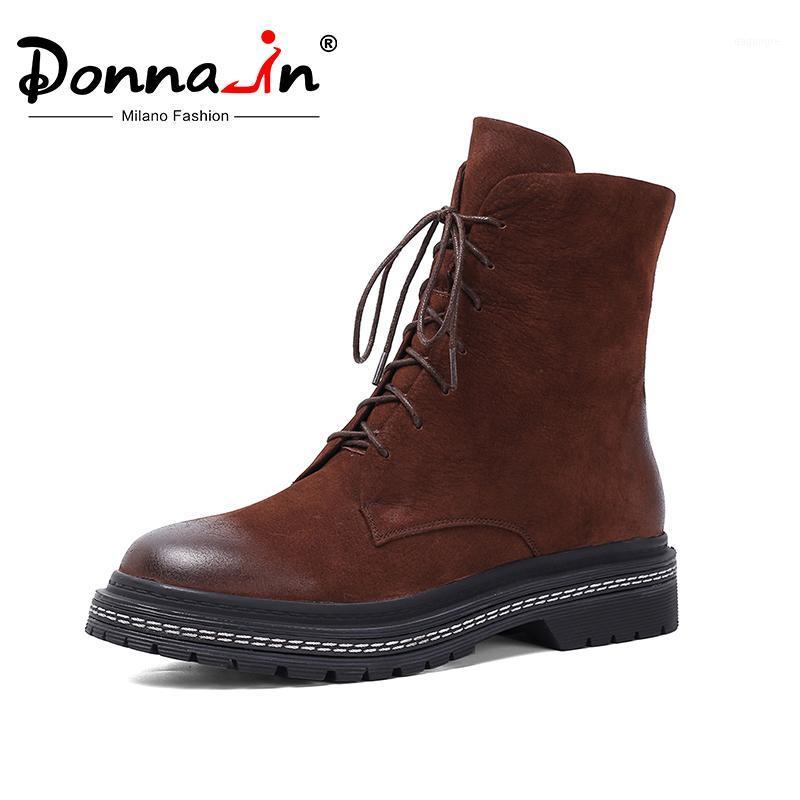 

Donna-in 2020 Natural Leather Women Ankle Boots Retro Autumn Winter Thick Square Heels Cross Tied Zip Short Ladies Boots Shoes1, Black pigskin