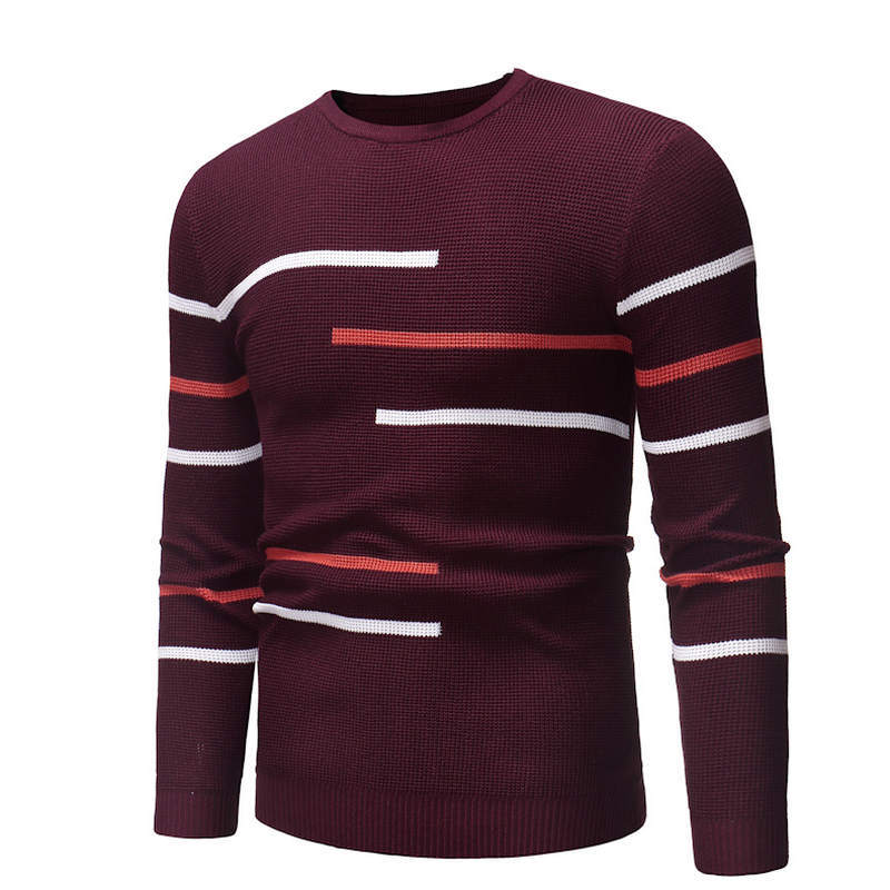

Zogaa Men's jerseys Warm knitted shirt Shredded round neck striped cotton casual clothing crocheted pullovers'wool 5LHX, Burgundy
