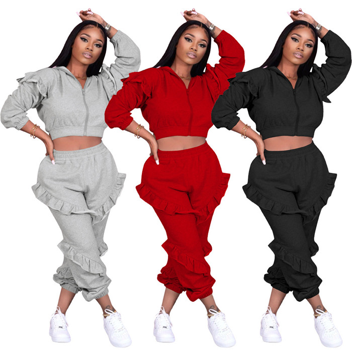Ruffle Womens Clothing 2 Piece Set Sexy Hooded Zipper Coats Casual Ladies Pants Solid Color Fashion Women Two Piece Outfit