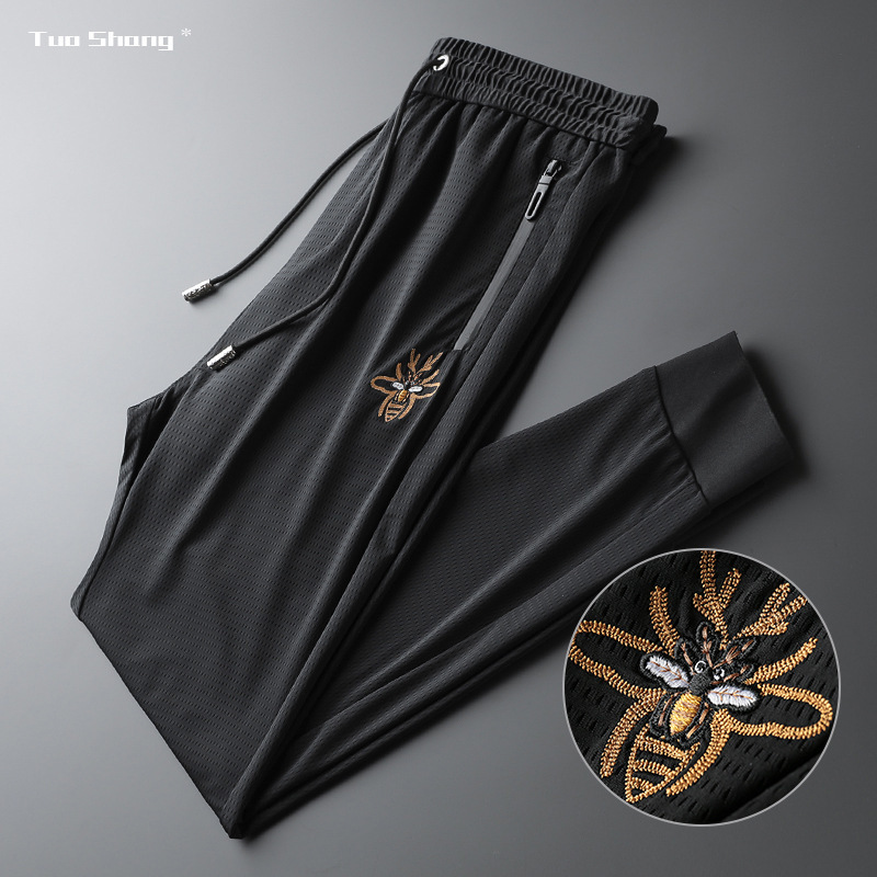 

2020 Spring Embroidery Jogger Pants Men Thin Drawstring Sports Pants Fashion Designer Joggers Ribbon Personality Casual Trousers Y1114, Black