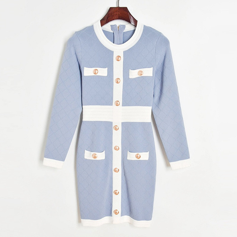 

2021 New Autumn Dressed in Women' Mesh Elegant Vintage Round Collar Waist High Light Blue Contrast Pocket Midi Dress 6RXW, Short sleeves.