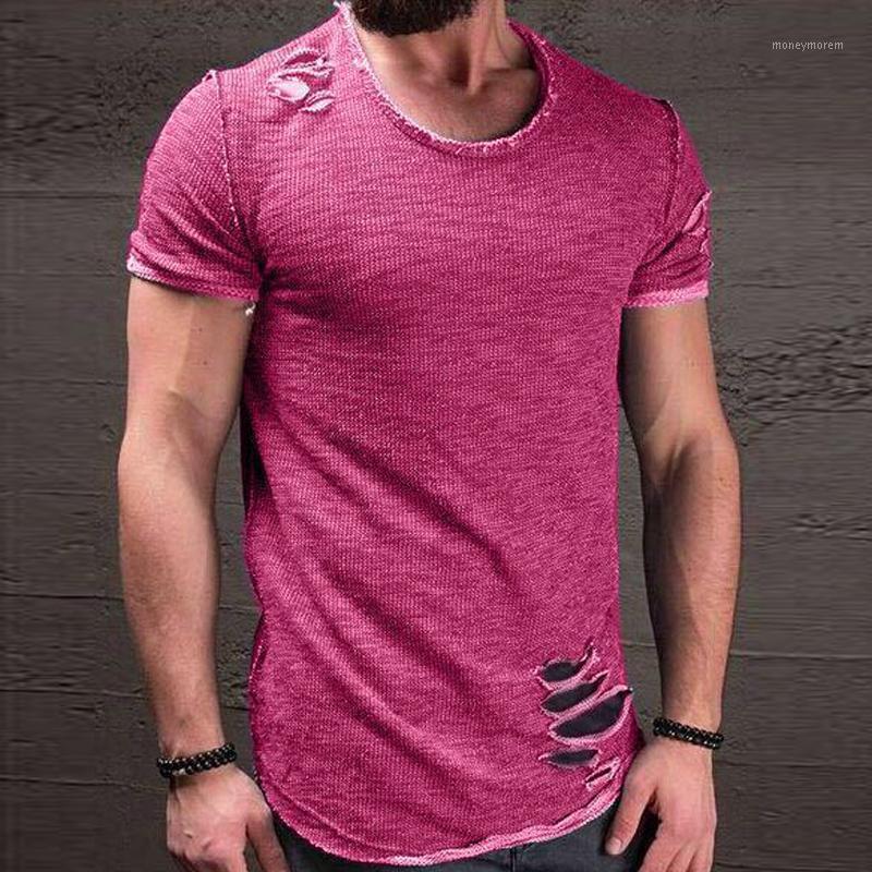 

2020 Fashion Summer Ripped Clothes Men Tee Hole Solid T-Shirt Slim Fit O Neck Short Sleeve Muscle Casual Jersey Tops T Shirts1