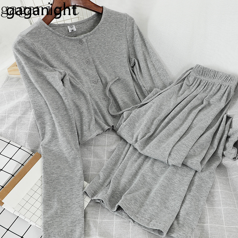 Gaganight Spring Summer 2 Pcs Women Set O Neck Long Sleeve Button Top + High Waist Hip Wide Leg Pants Casual Loose Suit 201119Z