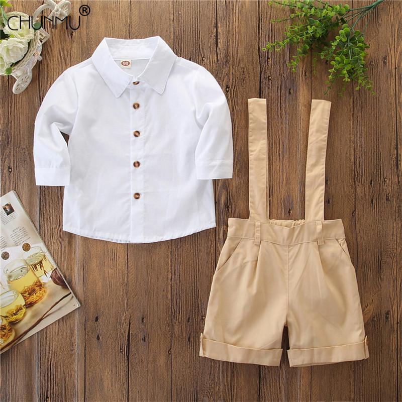 

Boy Clothing Gentleman Baby Girl's Summer Clothes Set Wihte T-shirt + Suspenders Shorts Suits Clothes Kids, White