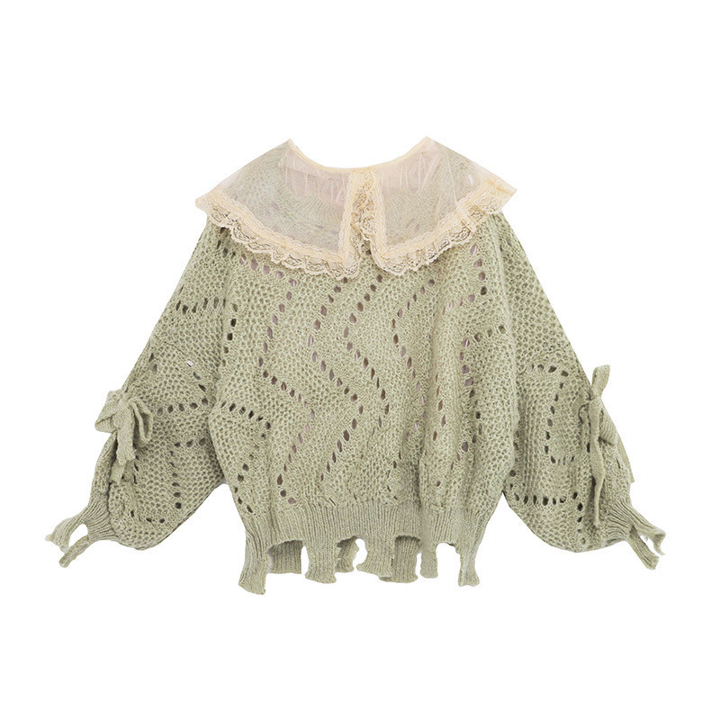 

2021 New Female Fashion Ensemble -autumn Nightgown Chic Green Bowtie Knitted Shirt Sweater Kawaii Pullovers Sueter Mujer Vintage LX00, Two piece