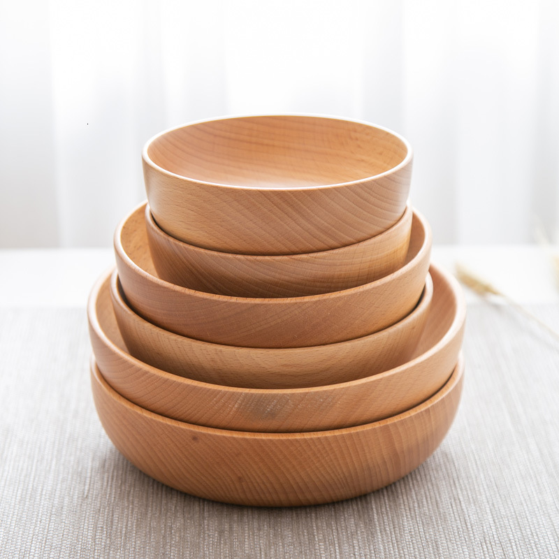 

2021 New Home Kitchen Utensils Solid Wooden Salad Bowl Soup Dining Bowls Plates Storage Dish Awoz