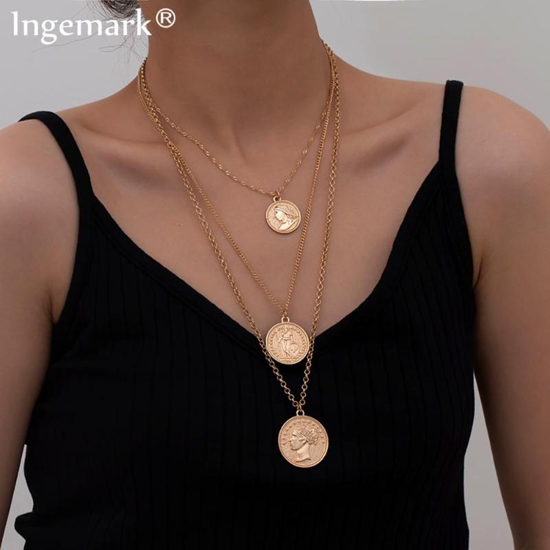 

Vintage Cuban Big Coin Pendant Choker Necklace Collares Multilayer Angel Portrait Tassel Long Chain Necklace Women Neck Jewelry