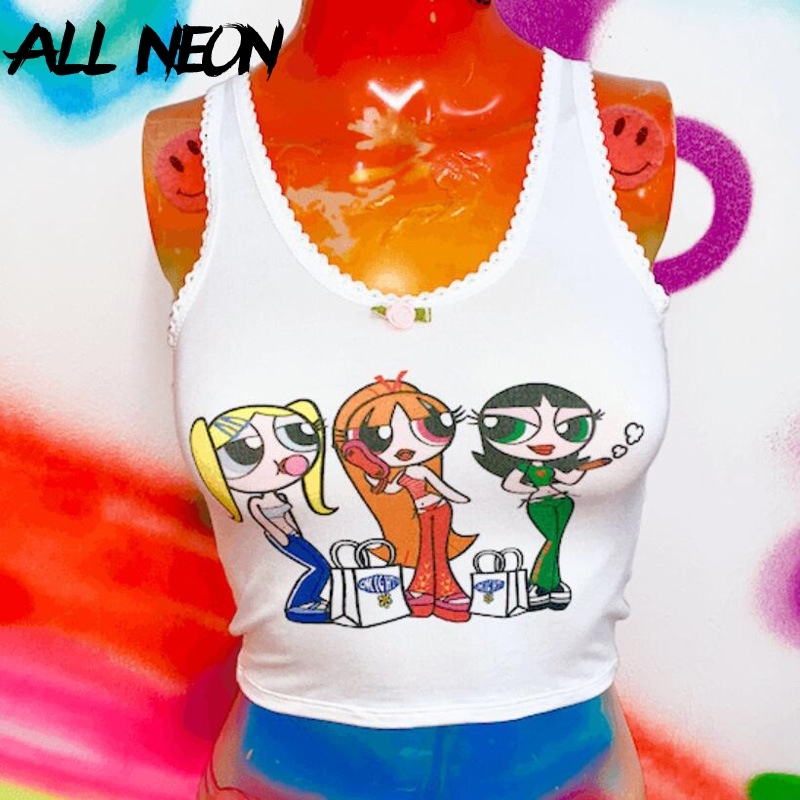 

ALLNeon E-girl Cartoon Print Front Strapes Tanks Top Kawaii Women' White Tops Fashion Punk Style Cropped Summer Tops Grunge Y200422