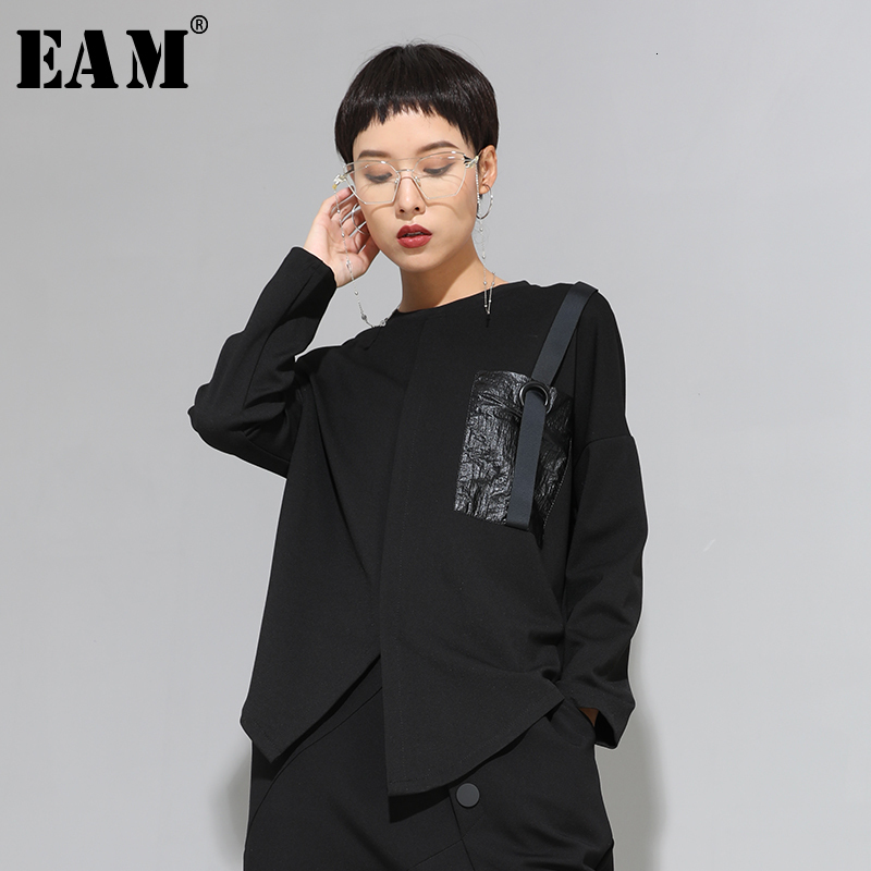 

[EAM] Women Black Buckle Stitch Big Size Asymmetrical T-shirt New Round Neck Long Sleeve Fashion Tide Spring Autumn 1D679 201125