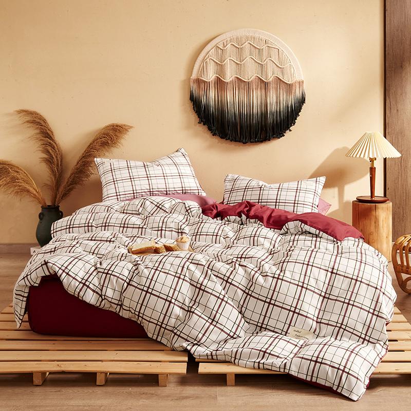 

4pcs Red Plaid Bedding Set Printed Bed Sheet Flat Sheet Bed Skirt Spread Cover Quilt Cover King Queen  Size, 10