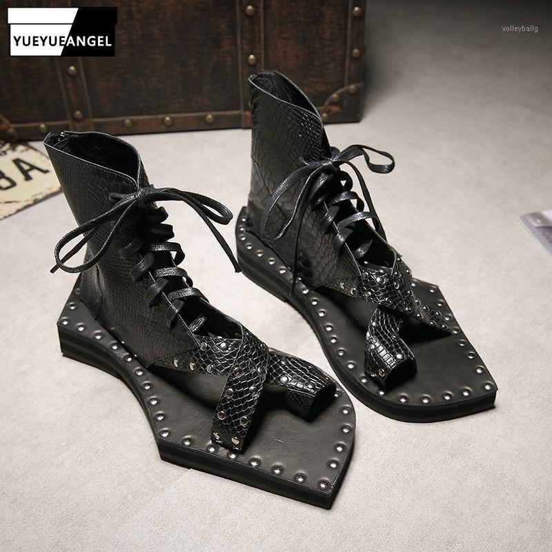 

2020 Design Runway Genuine Leather Snakeskin Casual Sandals Lace Up Vintage Gladiator Sandals Geometric Shape Sole Mens Shoes1, Black