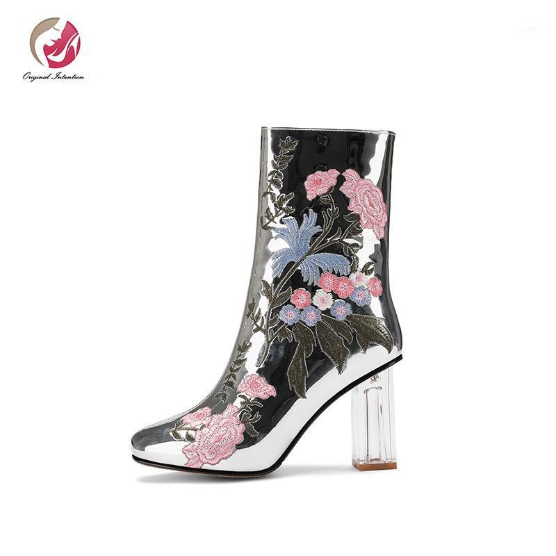 

Original Intention Embroidered Mirrored Silver Ankle Boots Woman Transparent Crystal Square Heels Warm Winter Boots Shoes Woman1, Ef7611 silver