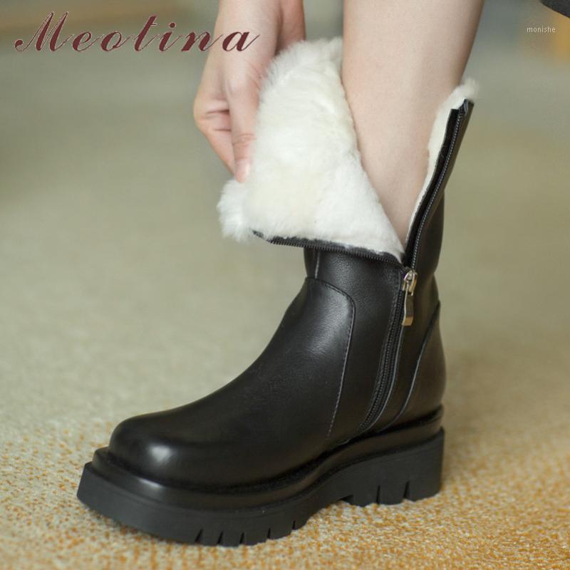 

Meotina Snow Boots Women Genuine Leather Mid Calf Boots Flat Platform Shoes Zip Round Toe Female Winter Black Big Size 411