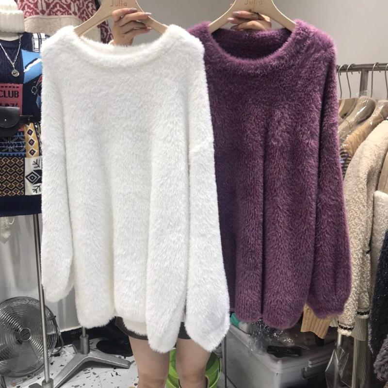 

JSXDHK New Vintage Winter Women Lantern Sleeve Mink Cashmere Sweaters Fashion Plus Size Loose Thick Soft Mohair Long Pullovers, Purple