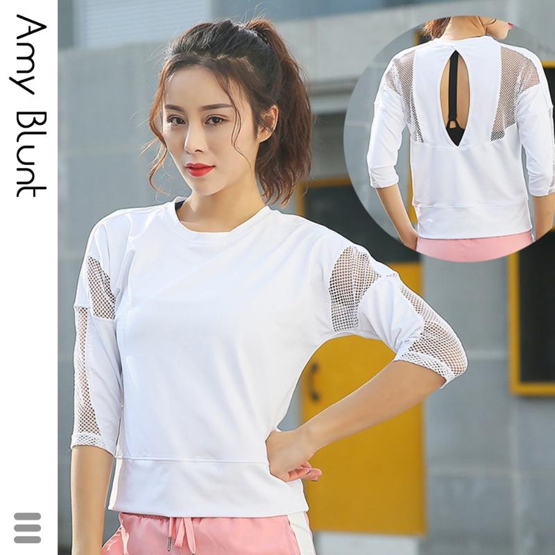 

Women' Yoga Top Fitness Shirt Female Running Sport T-Shirt Sexy Gym Workout Quick Dry Top Summer Mesh Hollow Sportswear -XL, Black