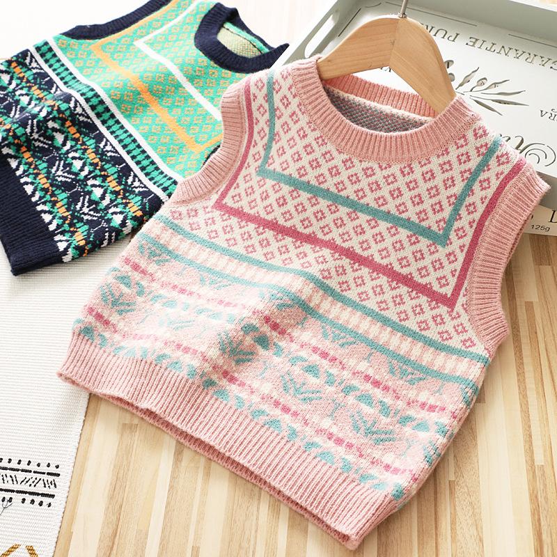 

2021 girls' knitted sweater children's Vintage vest, Green