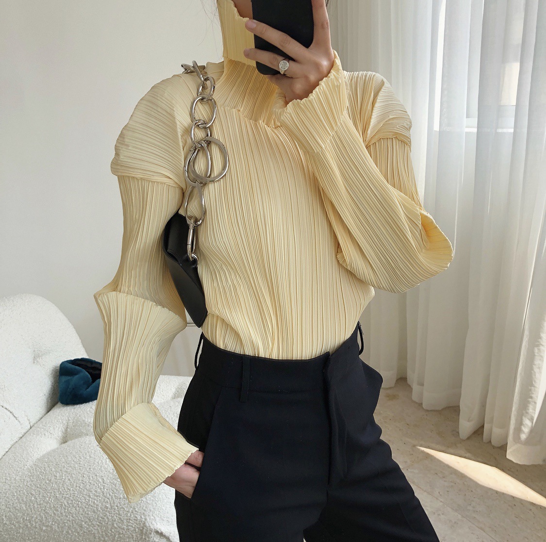 

High-necked Shirt for Female Early Autumn 2021 Luxury Designer Woman Tops Vintage Y0ly, Black