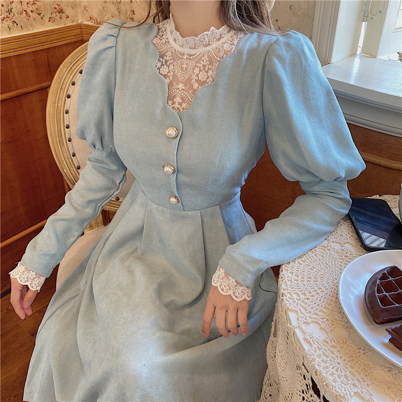 

New Solid Elegant Winter Patchwork Lace Party Midi Casual French Style Sweet Kawaii Korean Women 2021 Os0e, Blue