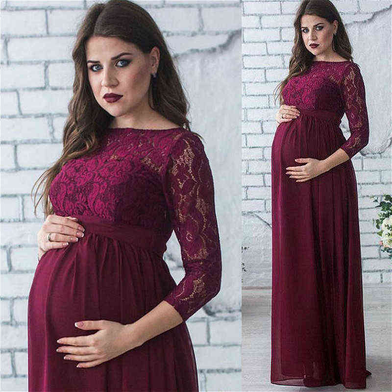 

Women Pregnant Maternity Dress 2021 Pregnancy Clothes Long Sleeve Lace Party Maxi Dress Maternity Clothes for Photography Props AA220309, Red
