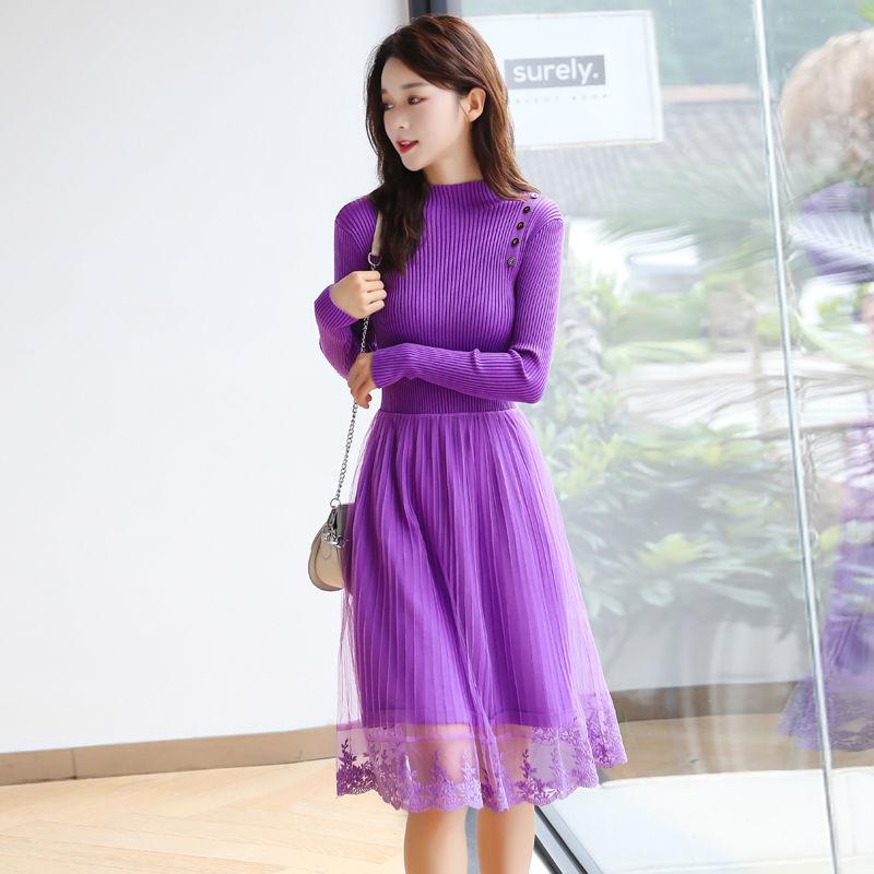 

Women New 2021 Autumn Winter Mesh Patchwork Knit Midi Dress Female Casual O-Neck Slim Sweater Dresses Lady Elegant Vestidos A460, Black