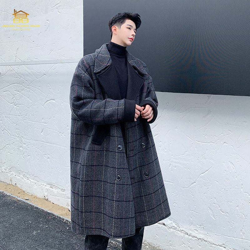

2021 New Winter British Style Print Long Woolen Jacket Korean Male Costume Version Double Breasted Wool Coat U6ND, Black