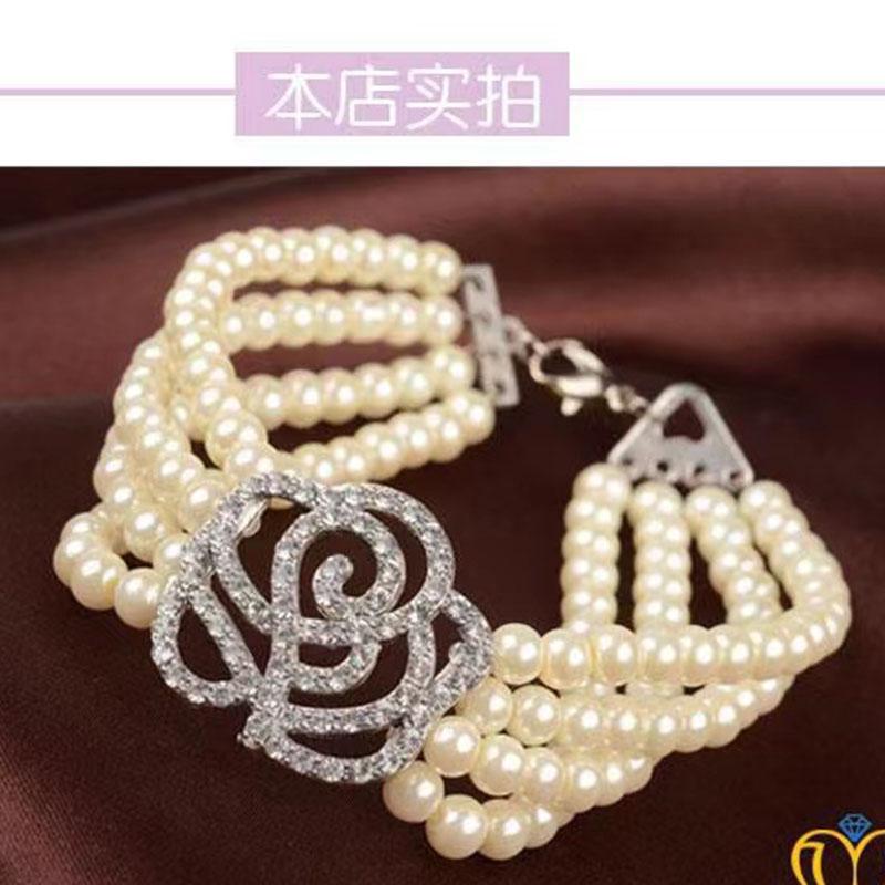 

Link, Chain Luxury Crystal Rose Bracelet Multi-layer Pearl Elastic For Women Wedding Accessories Jewelry Bracelets Girls