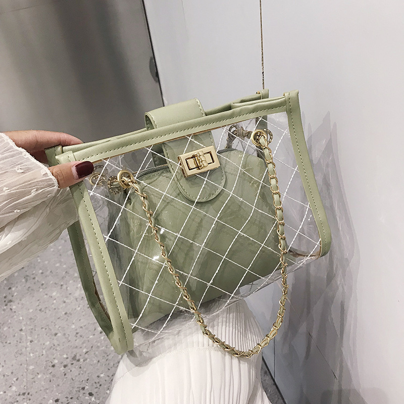 

2020 Fashion Lady Lingge Chain Wild Transparent Shoulder Bag Small Square Jelly Pocket of Hombre with Diamond Jalea Chair Trzn, Green