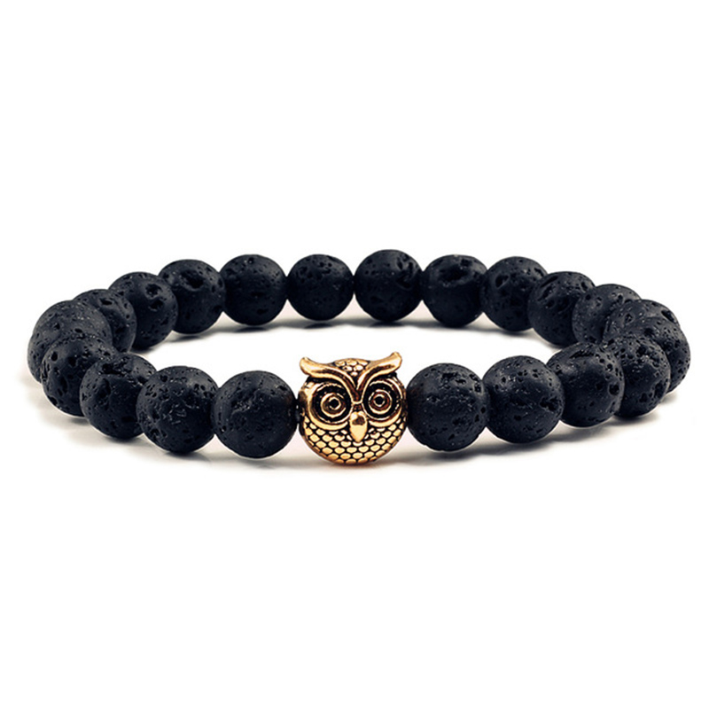 

8MM Black Natural Vocanic Rock Owl Beads Bracelets Chakra Lava Stone Men Women Beads Bracelet Strand Strength Bracelet Costume Jewelry