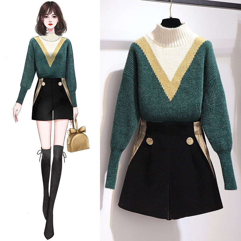 

2020 new fall and winter base thickening ins sen green top sweater high female loose collar outer use lazy style, Shorts