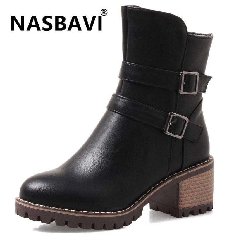 

2020 New PU high quality Platform Women's Boots Buckle round head Strap High Heel Boots Solid color Women ankle, Black