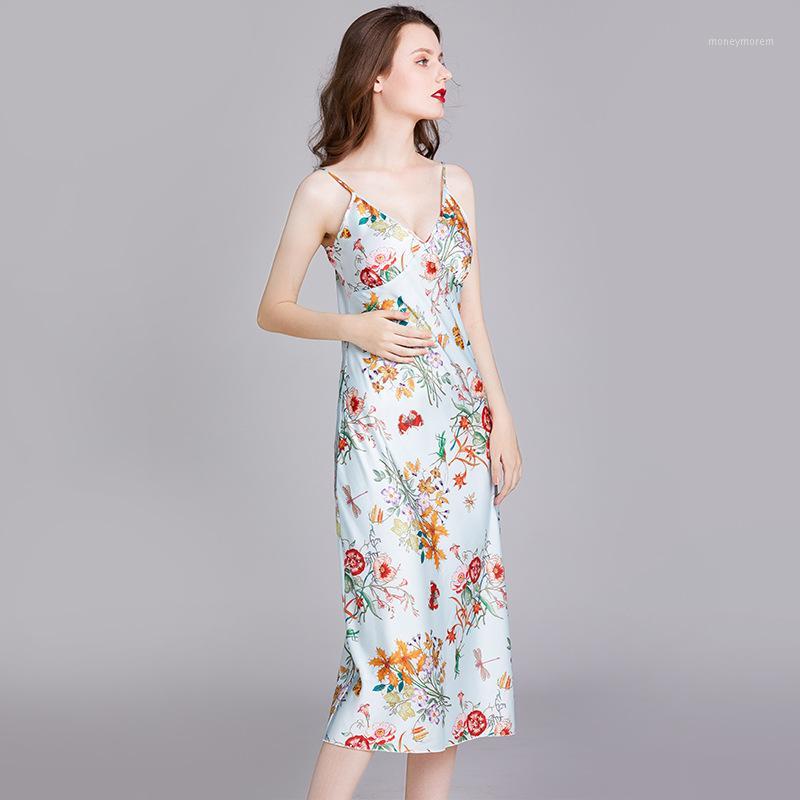 

Printed Night Dress Floral Ladies Long Gowns Silk Slit Lingerie Nightgown V-neck Sleepwear Sexy Nightie Satin Womens Clothing1, White