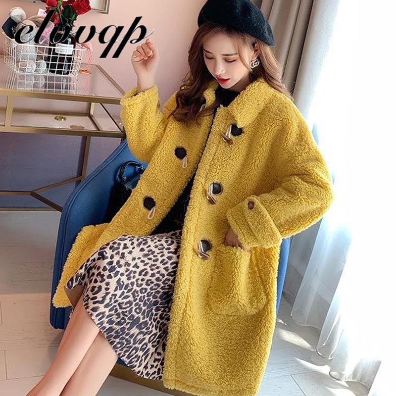 

Women Faux Fur Coat 2020 Winter Warm Teddy Coat Fashion Long Parka Lambswool Horn Button Fur Jacket Ladies Outwear Autumn, Beige
