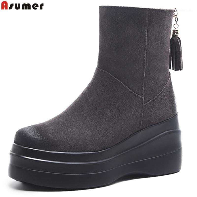 

ASUMER black gray fashion winter new 2020 ladies shoes round toe zipper platform wedges shoes women suede leather ankle boots1