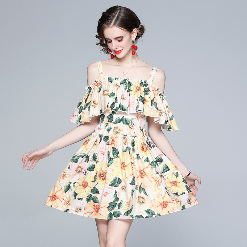 

2021 New Merchall Runway Summer Sexy Spaghetti Strap Women Slash Neck Cloak Sleeve Backless Print Holiday Boho Vmhy, Yellow