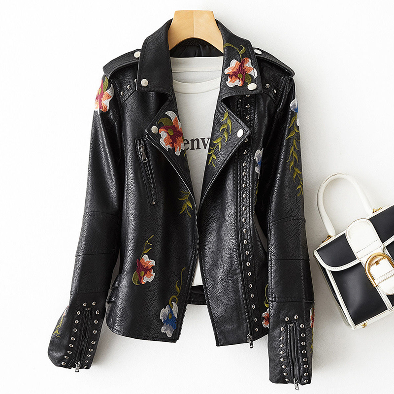 

2021 New Retro-punk-style Punk Fuax Leather Embroidered Floral Printing Black Rivet Plutonium Jacket Oversized YHQX
