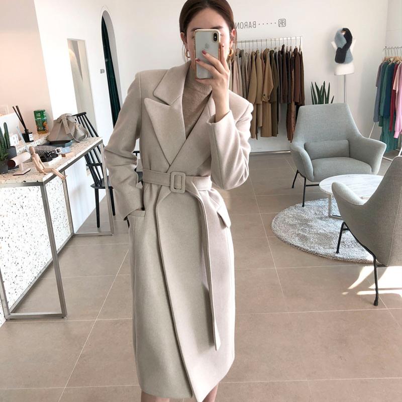 

Women' Long Coat for Autumn or Warm Winter Lady Fashion Coats with Long Belt, Beige