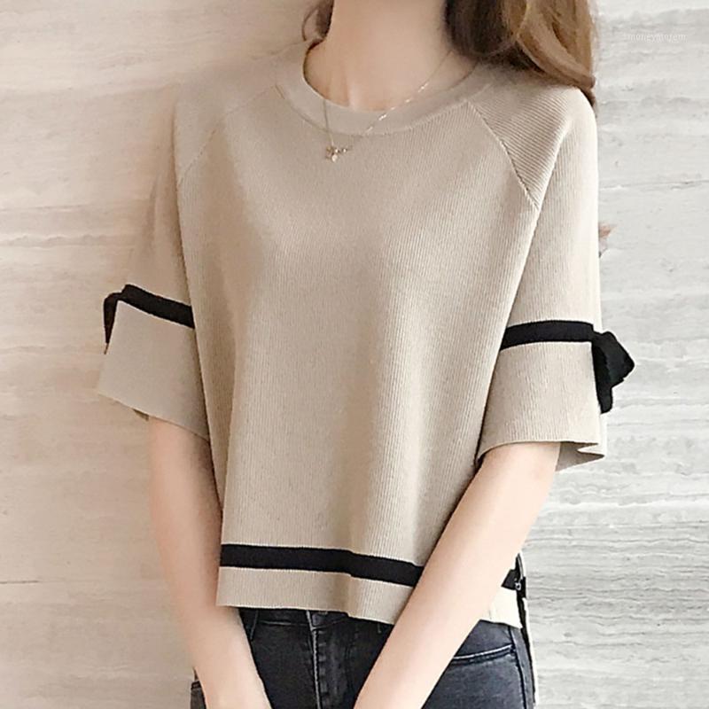 

Summer Knitwear T Shirt Casual Black White Cute Bow Tie Knitted Short Sleeve Sweater Top Women Fall Clothes Office Lady Tshirt1