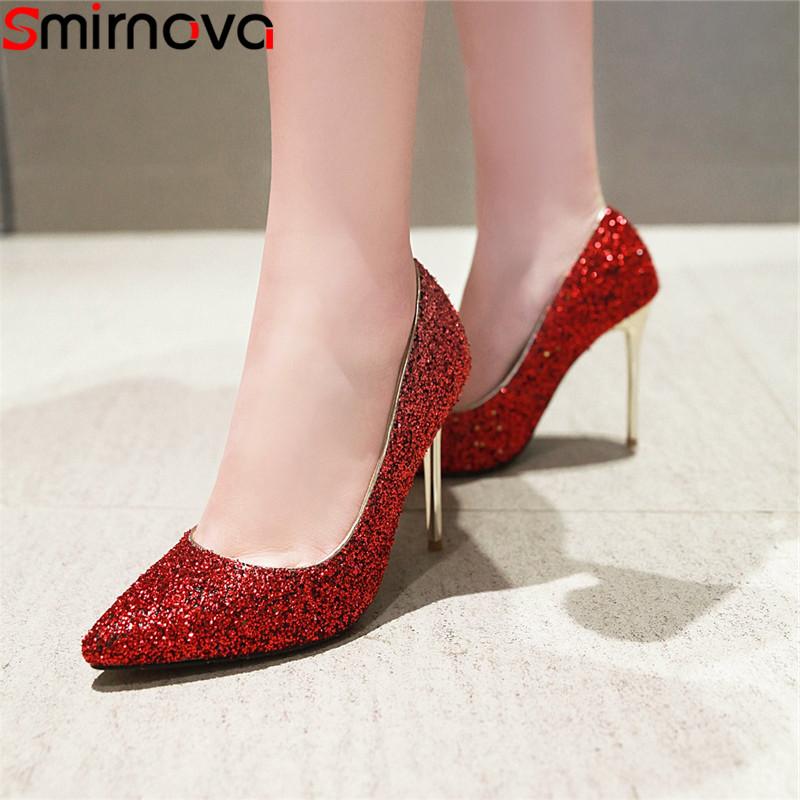 

Smirnova fashion pumps women shoes pointed toe shallow prom wedding shoes woman bling sexy high heels women 2021 big size, Red