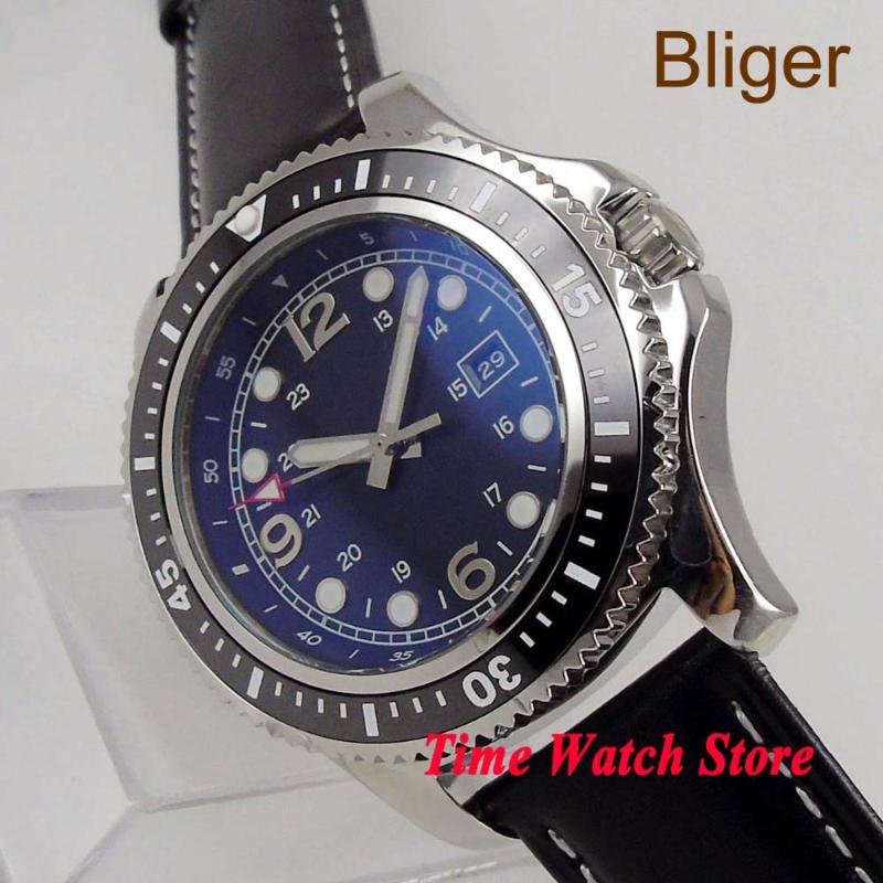 

Bliger Solid 44mm no logo Miyota Automatic wrist men's watch black dial luminous date window ceramic bezel 120, Mingzhu movement